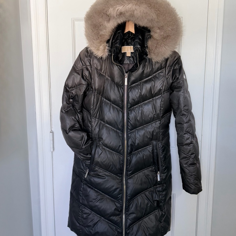 Michael Kors Dark Gray Taupe Puffer Coat with gorgeous hood, small